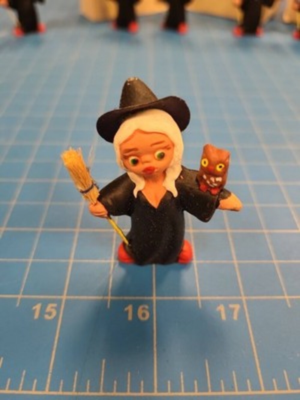 Vintage Witch Figurine Spain Folk Art Halloween Decor Owl Broom Collectible